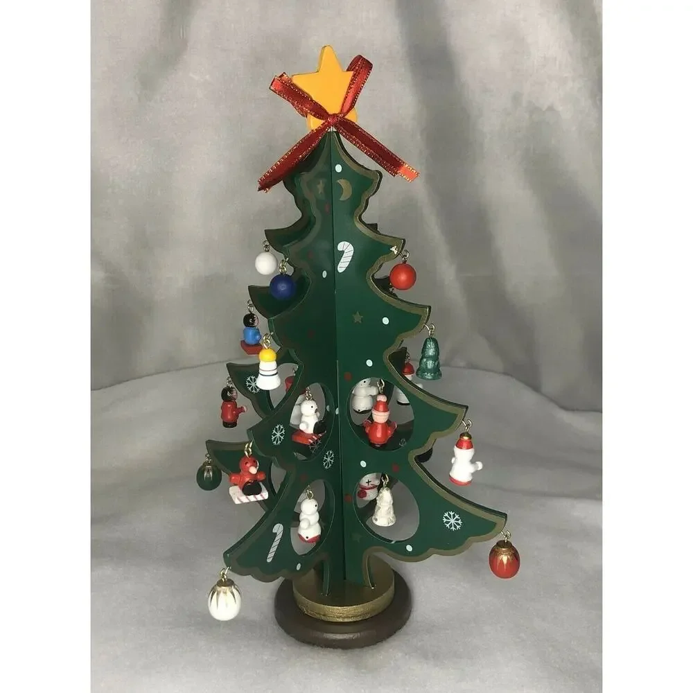 Folding Wooden Tree With 24 Mini Decorations Star Topper And Base Kurt S. Adler